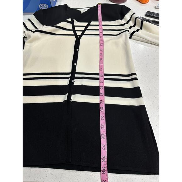 Misook Cardigan Black Ivory stripe Rhinestone Button Classy Chic Feminine S - Picture 12 of 12
